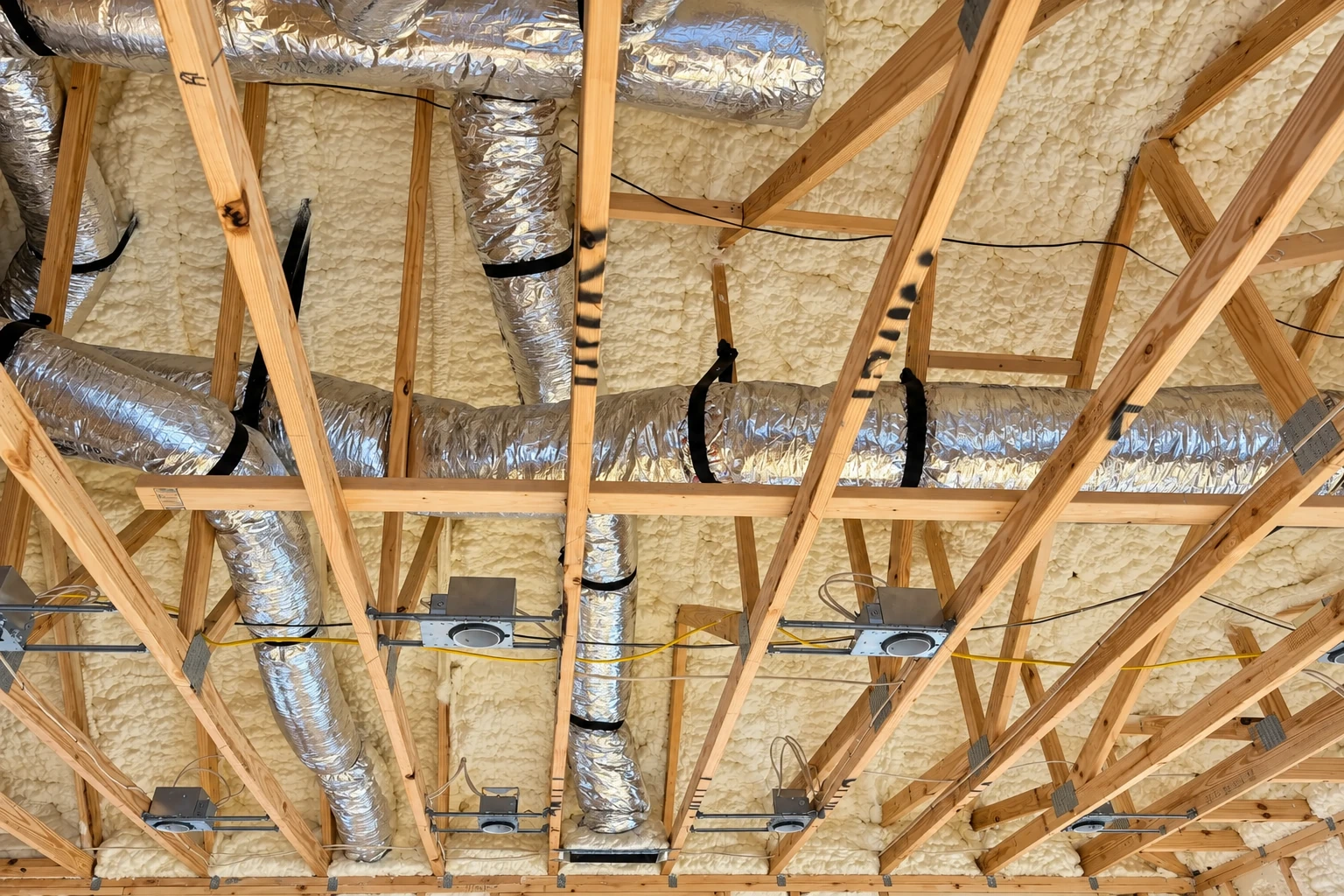 Exposed attic rafters and ducts sit against a continuous coating of white spray foam insulation.