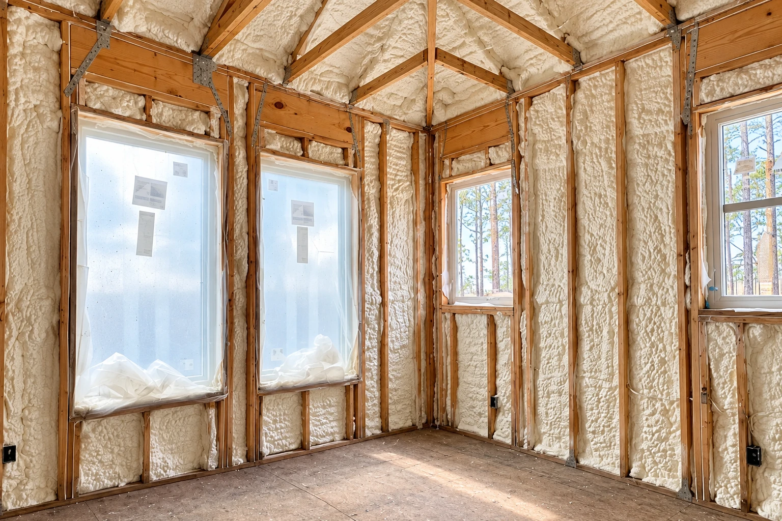 Unfinished room with exposed wooden framing and thick white spray foam insulation coating the walls and ceiling.