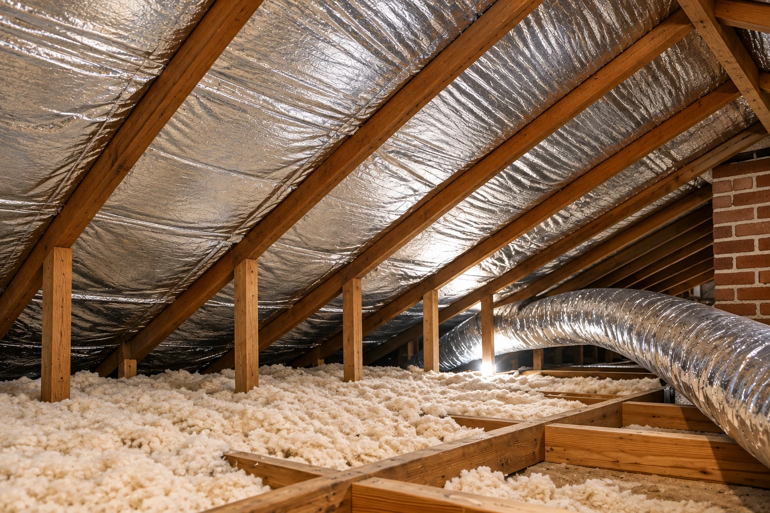 An attic has reflective insulation under the rafters, loose-fill insulation on the floor, and a large silver duct.