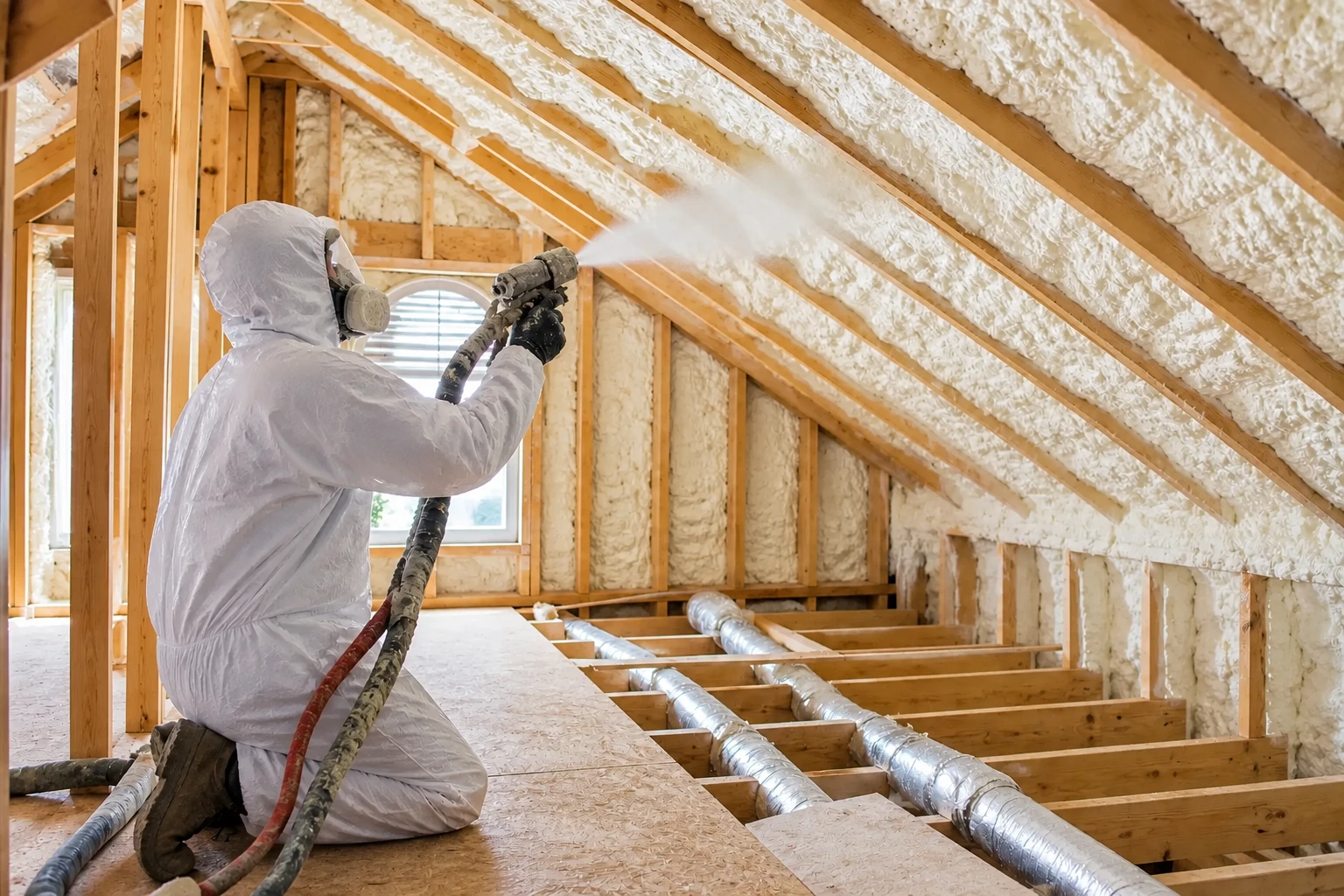 A worker in protective clothing sprays foam insulation onto the rafters of a timber attic.