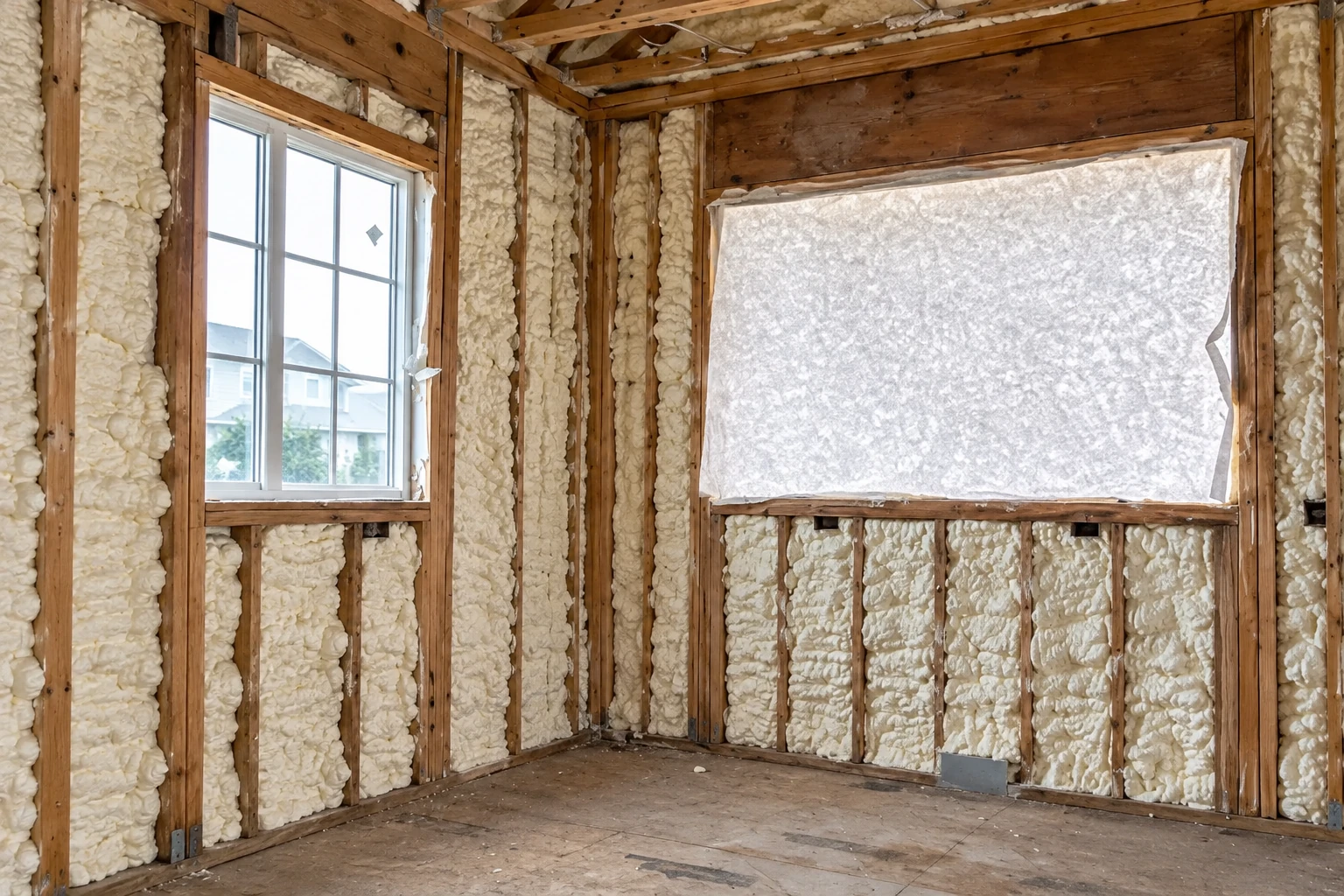 Exposed wall studs are filled with spray foam insulation around two windows in an unfinished room.