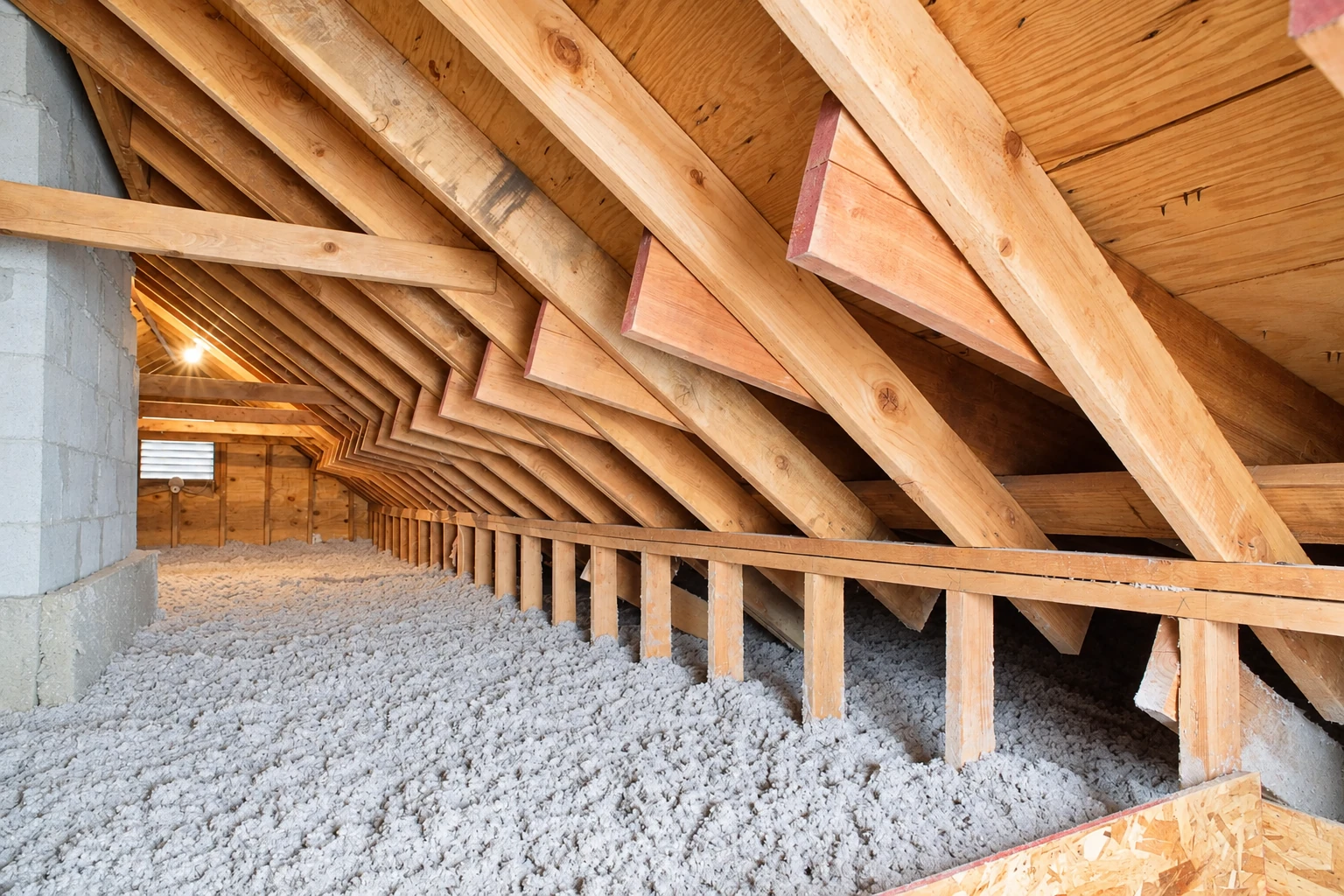 Blown-in insulation blankets an attic floor beneath exposed wooden roof trusses.