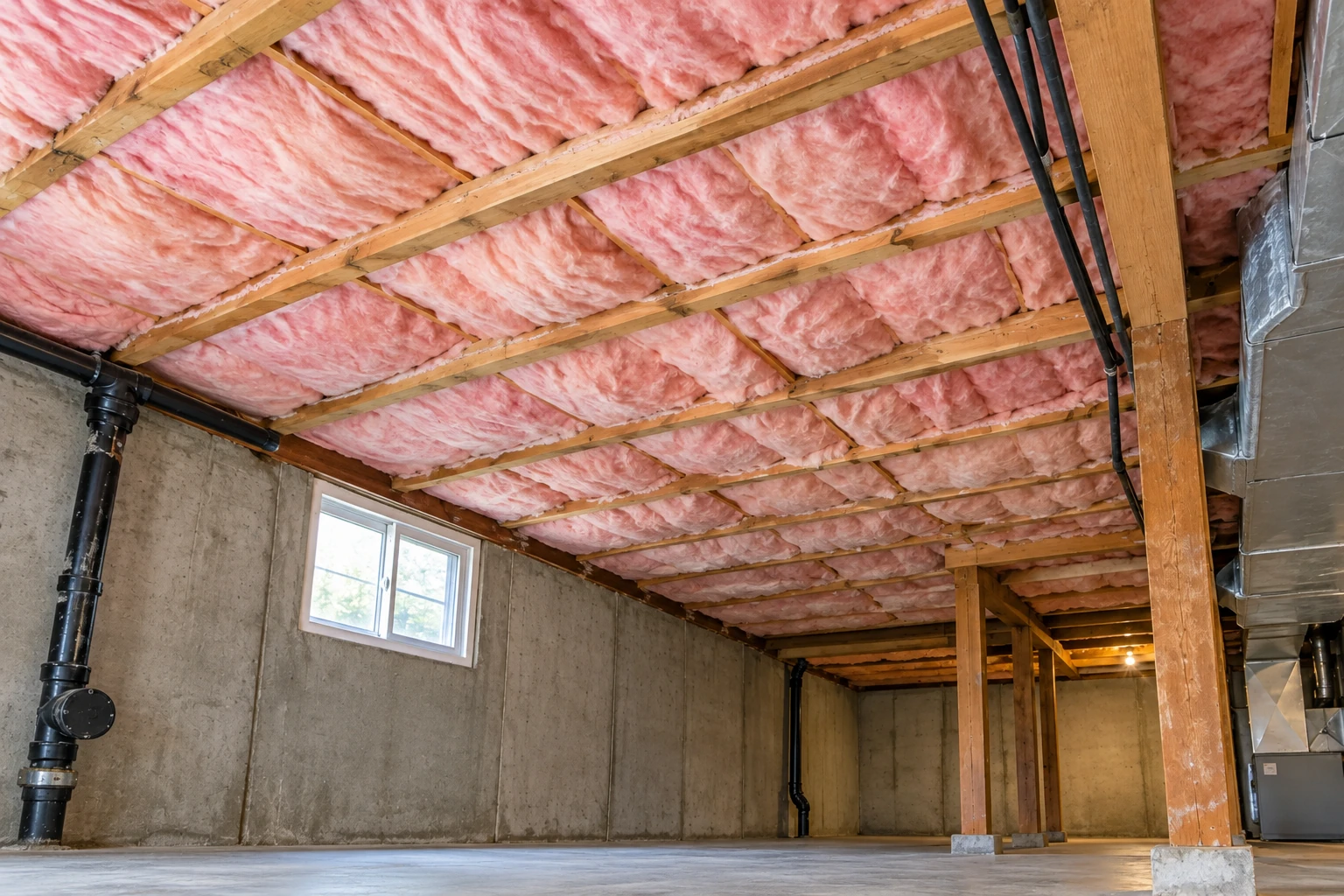 Pink fiberglass batts fill the joists above a concrete basement with support posts and ductwork.