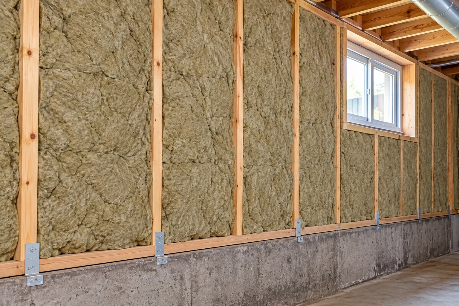 Mineral wool insulation fills the framed walls of a basement above a concrete foundation.
