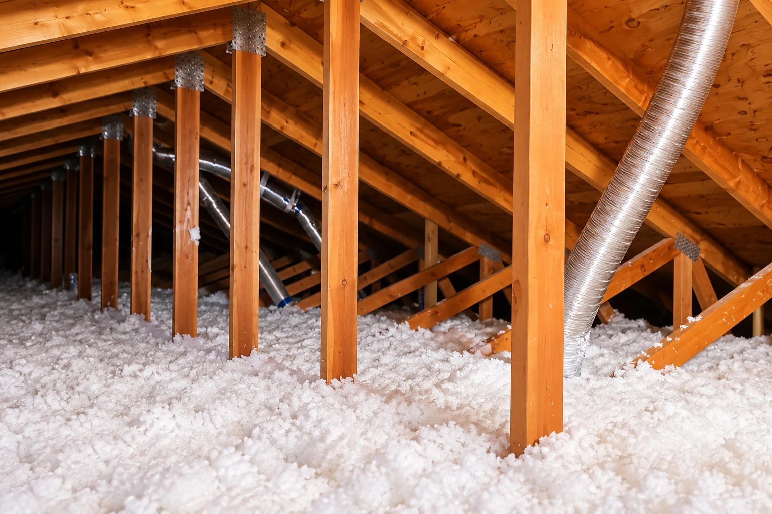 Loose white blown-in insulation covers an attic floor beneath exposed wooden rafters, with flexible ducts running through the space.