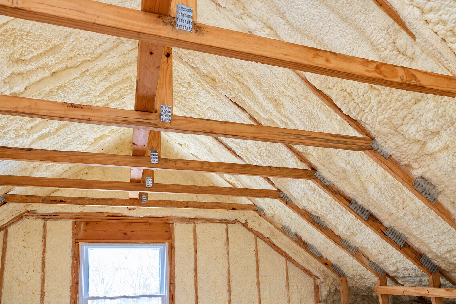 White spray foam insulation coats the underside of a pitched roof and walls between exposed wooden framing.