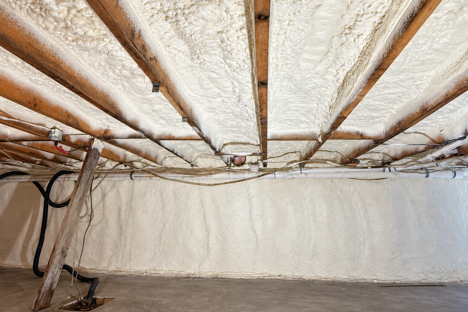 Crawl space ceiling and walls are coated in white spray foam around exposed wooden joists and pipes.