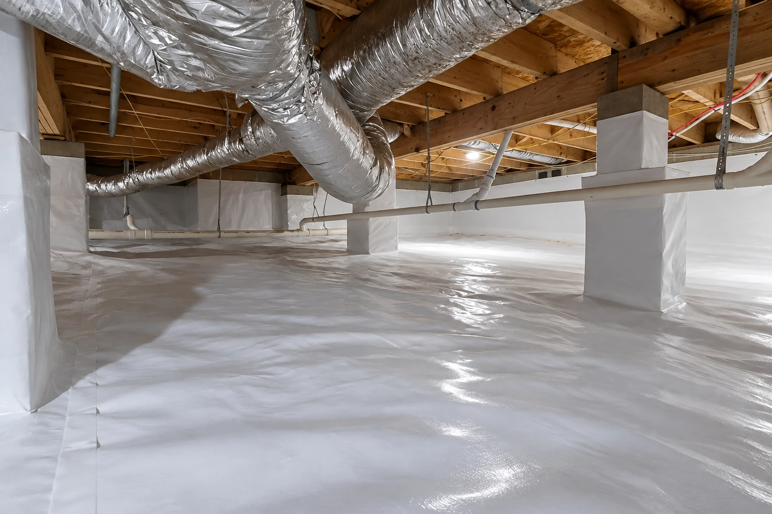 Crawl space with white vapor barrier covering the floor and support piers beneath exposed wooden joists and silver HVAC ducts.