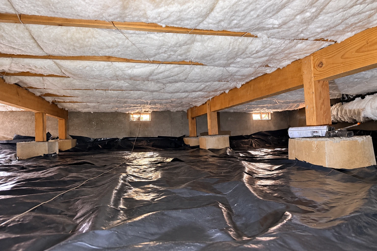 A crawl space has black plastic covering the ground and white insulation beneath the wooden floor joists.