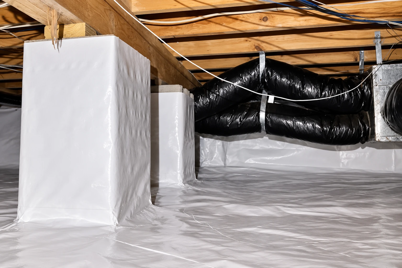 Crawl space with white vapor barrier covering the floor and support piers beneath exposed joists and black flexible ducts.
