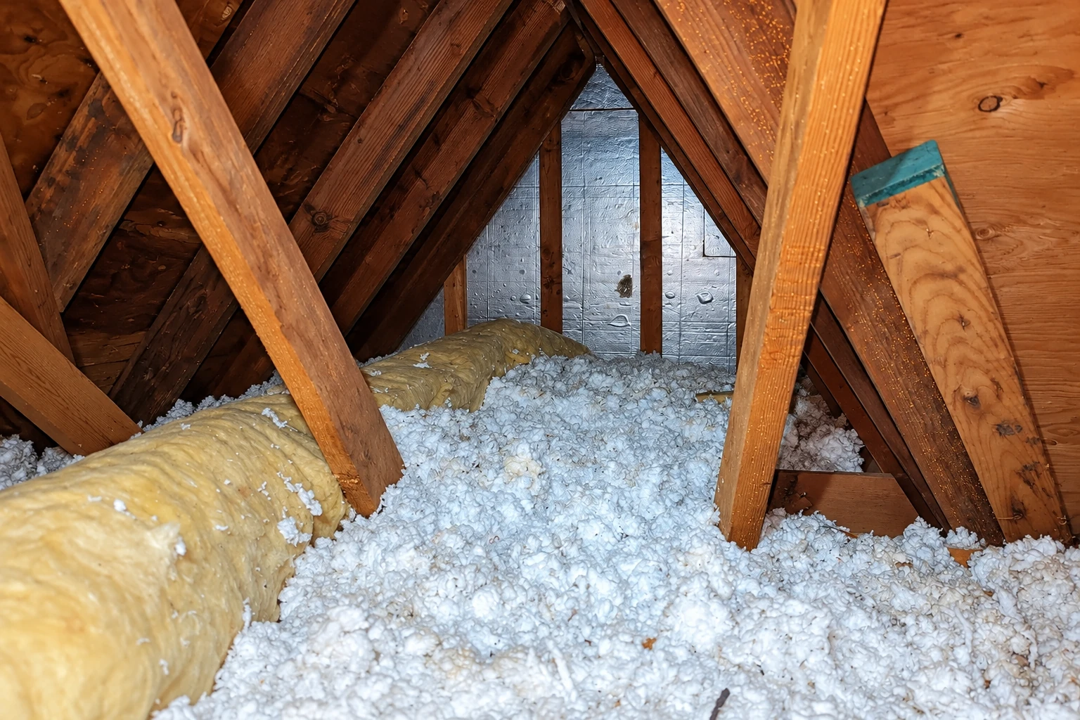 Loose-fill insulation covers an attic floor beneath wooden rafters, with a roll of fiberglass batt insulation lying across it.
