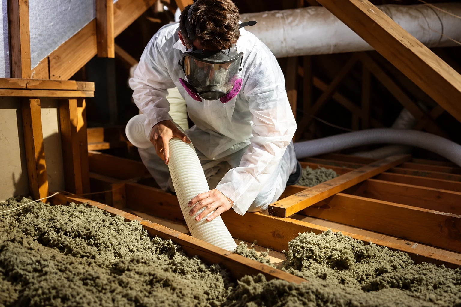 A worker in protective coveralls and a respirator guides a hose over loose attic insulation during removal.