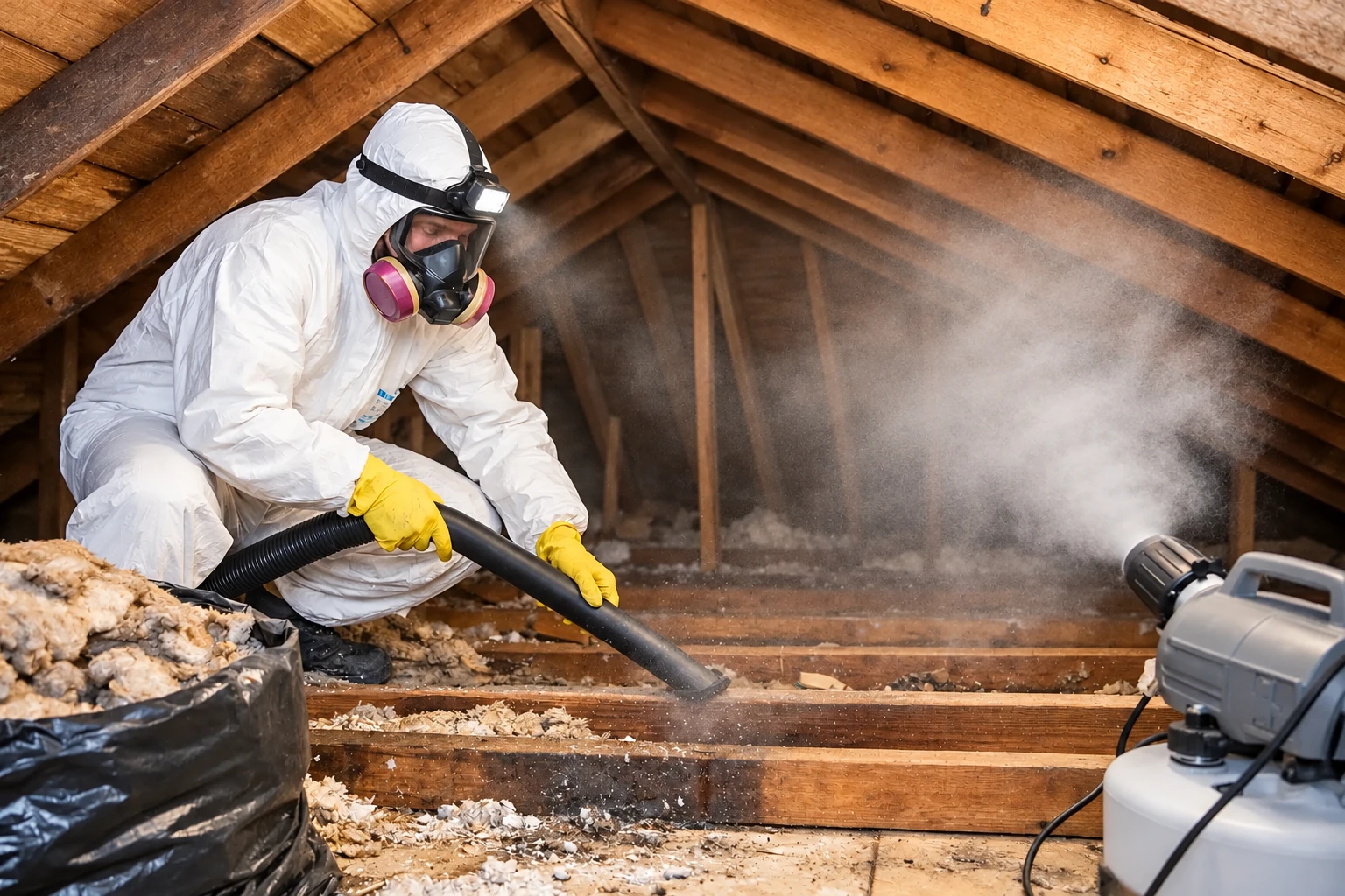 A worker in protective gear vacuums loose attic insulation into a hose amid dusty wooden roof rafters.