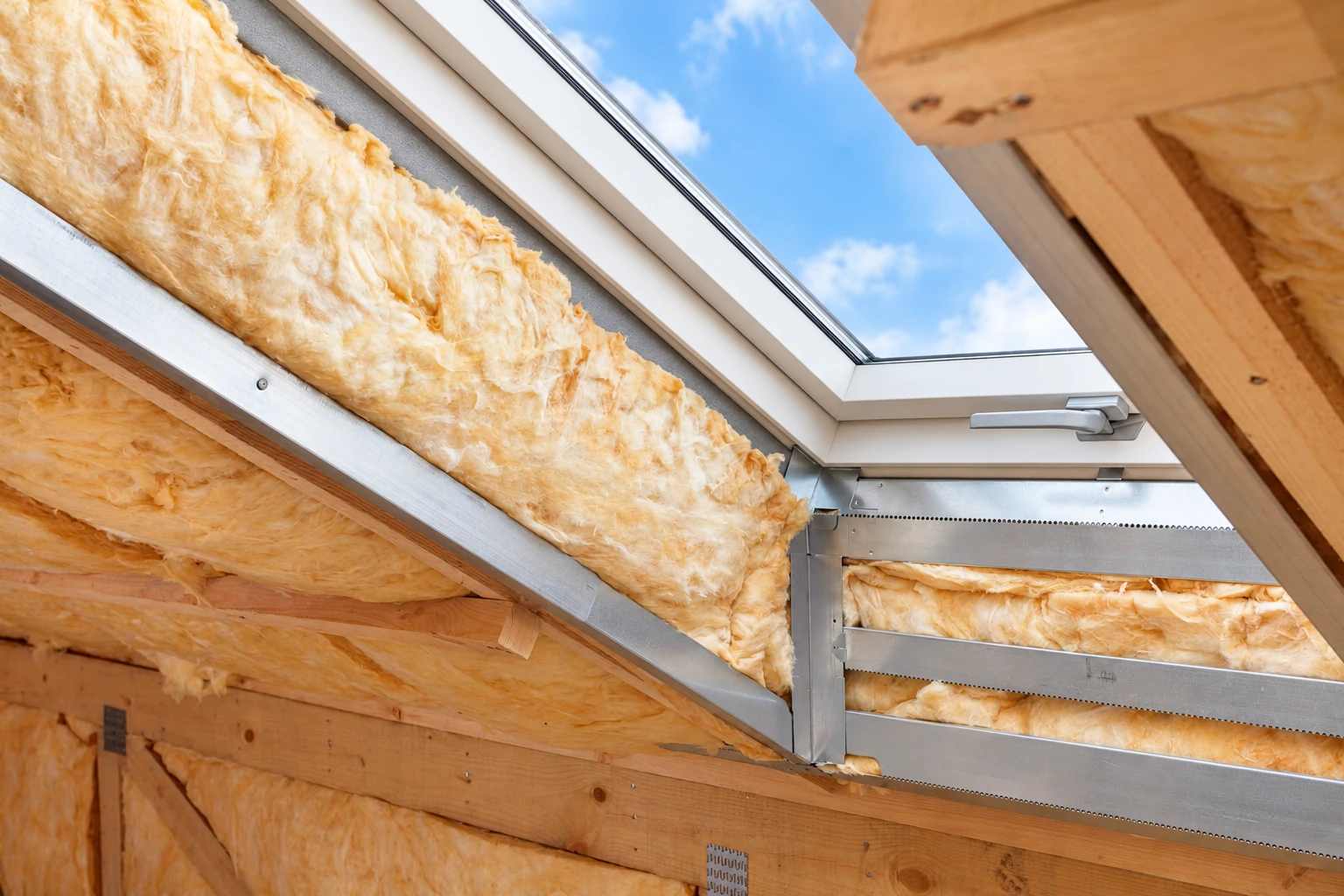 Fiberglass batts insulate an attic roof around a skylight, with exposed wood framing and metal supports.
