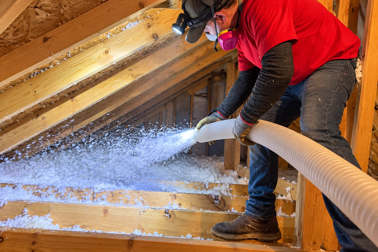 Worker wearing a respirator feeds loose-fill insulation through a hose into an attic between wooden rafters.