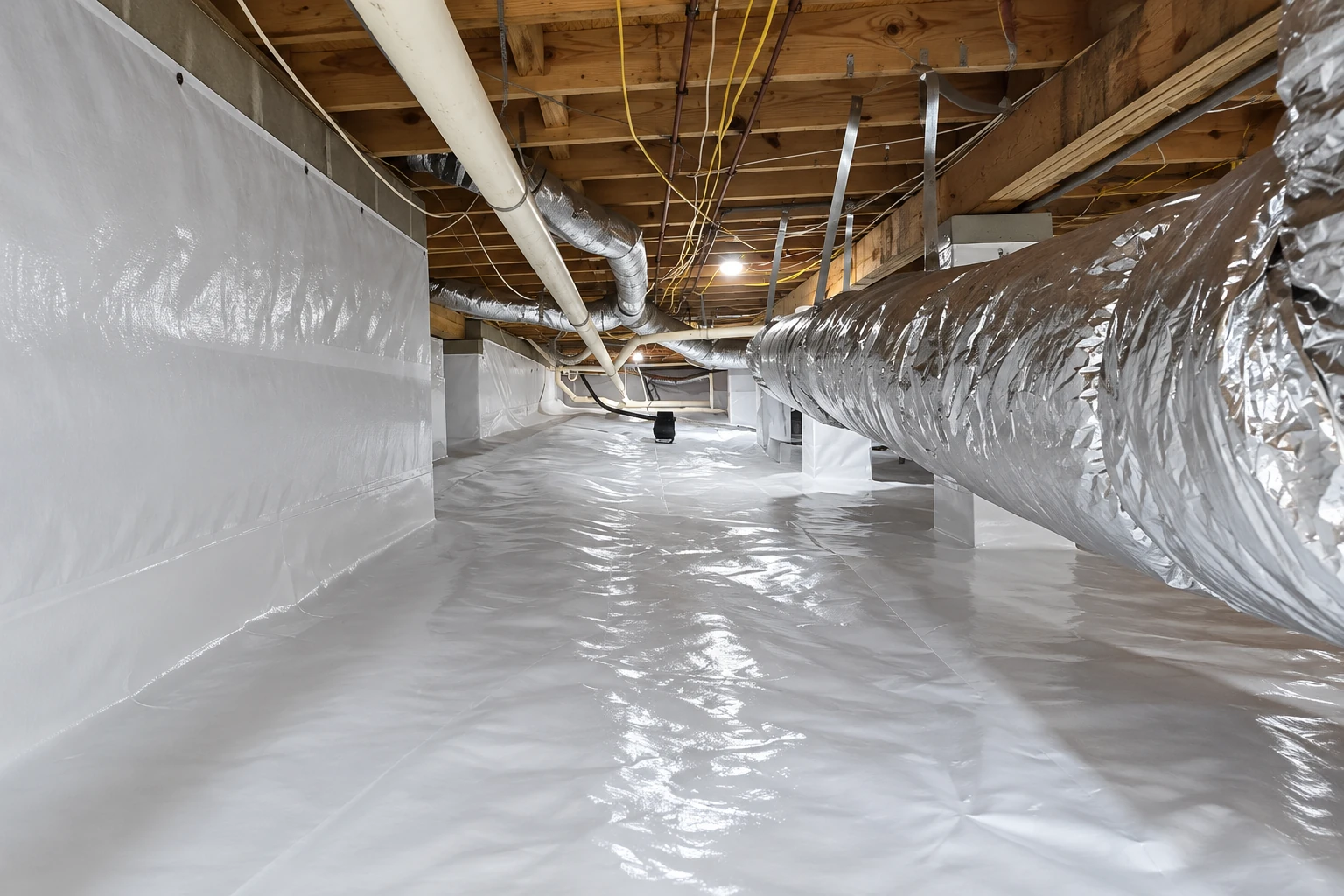 A crawl space has white vapor barrier lining its walls and floor beneath exposed joists and large silver ducts.