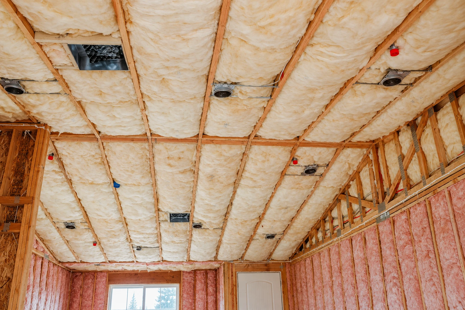Fiberglass batts fill the ceiling joists and pink insulation lines the walls of an unfinished room.